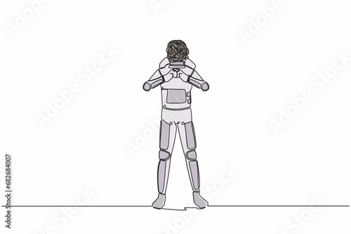 Single one line drawing astronaut with round scribbles instead of head. Sign crossing fingers forming x. Cross, wrong or banned. Cosmic galaxy space. Continuous line graphic design vector illustration