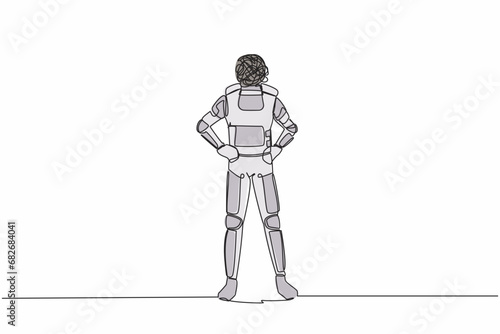 Single continuous line drawing young astronaut with round scribbles instead of head  standing and holding on his hip in moon surface. Cosmonaut deep space. One line graphic design vector illustration
