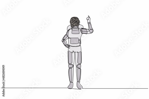 Single one line drawing astronaut with round scribbles instead of head, showing index finger, representing idea, solution. Cosmic galaxy space. Continuous line draw graphic design vector illustration