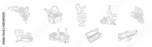 Wine Sketch Element with Jug, Glass Bottle, Cheese and Grape Vector Set
