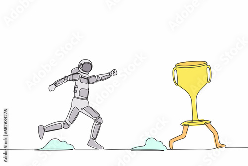 Single one line drawing astronaut trying to catch and running chasing after run away winner trophy. Losing in spaceship galaxy expedition competition. Continuous line draw design vector illustration