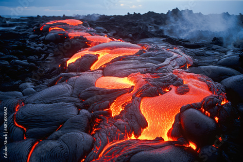 Molten lava flows through cooled volcanic rock, glowing red and orange against a dark, rugged terrain