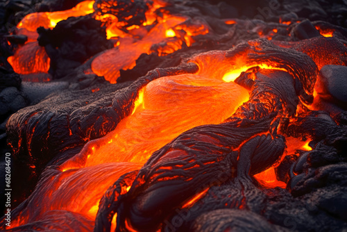 Molten lava flows through cooled volcanic rock, glowing red and orange against a dark, rugged terrain