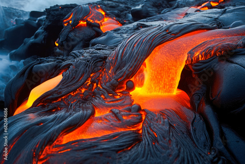 Molten lava flows through cooled volcanic rock, glowing red and orange against a dark, rugged terrain