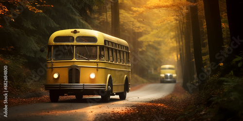 yellow school bus car on the road with autumn orange leaves,,
Autumn Journey  School Bus Amidst Fall Foliage Generative Ai photo
