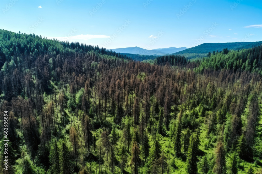 Hillside of pine trees, with many dying due to drought and bark beetle kill