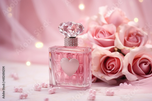 Bottle of perfume with heart and roses on the table, closeup, 