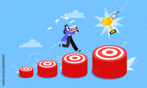 Businesswoman runs and jumps from small target goal to reach bigger target goal achievement