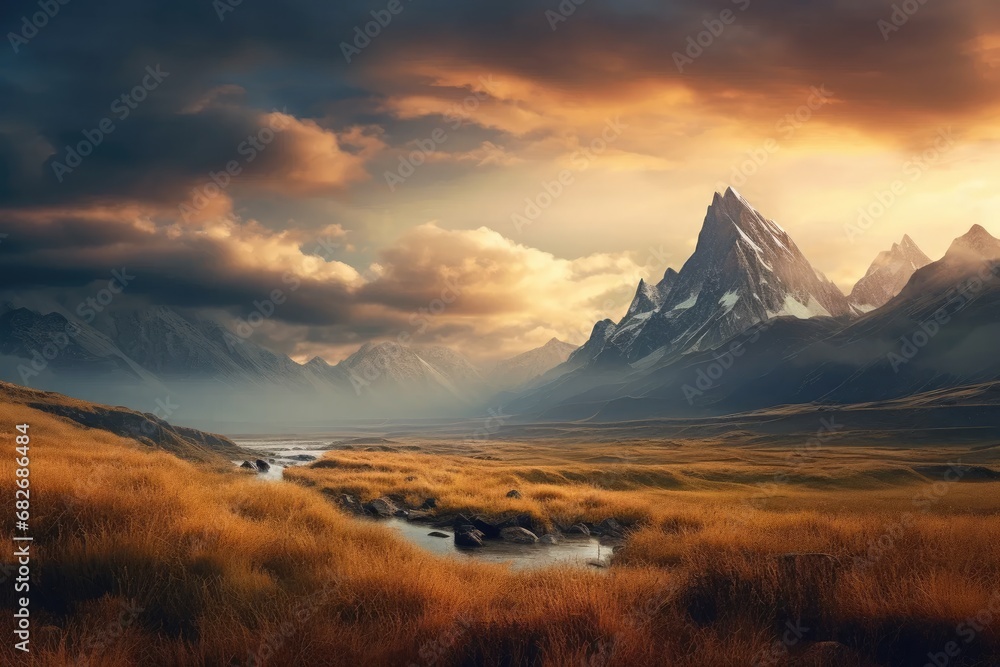 Obraz premium A beautiful scenic view of a distant mountain with a cloudy sky.