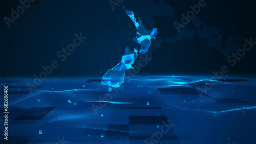 New Zealand map background digital number code business security key technology