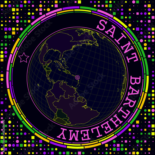 Futuristic St. Barths on globe. Bright neon satelite view of the world centered to St. Barths. Geographical illustration with shape of country and geometric background. Artistic vector illustration. photo
