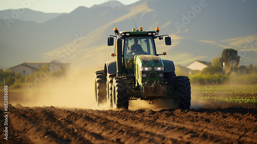 Sheffield, Canterbury, New Zealand, July 27 2019 A large modern John Deere tractor tows a cultivato photo