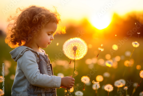 Toddler girl holding a dandelion in a sunlit field at sunset  with a joyful expression.