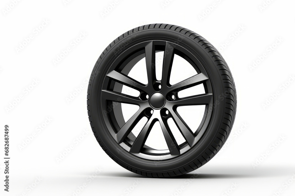 Black tire on white background with shadow of the tire.
