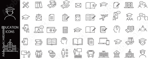 教育、学習、学校関係の線画アイコンセット