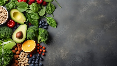 Healthy food clean eating selection fruit, vegetable, seeds, superfood, cereal, leaf vegetable on gray concrete background, generative ai © Nia™