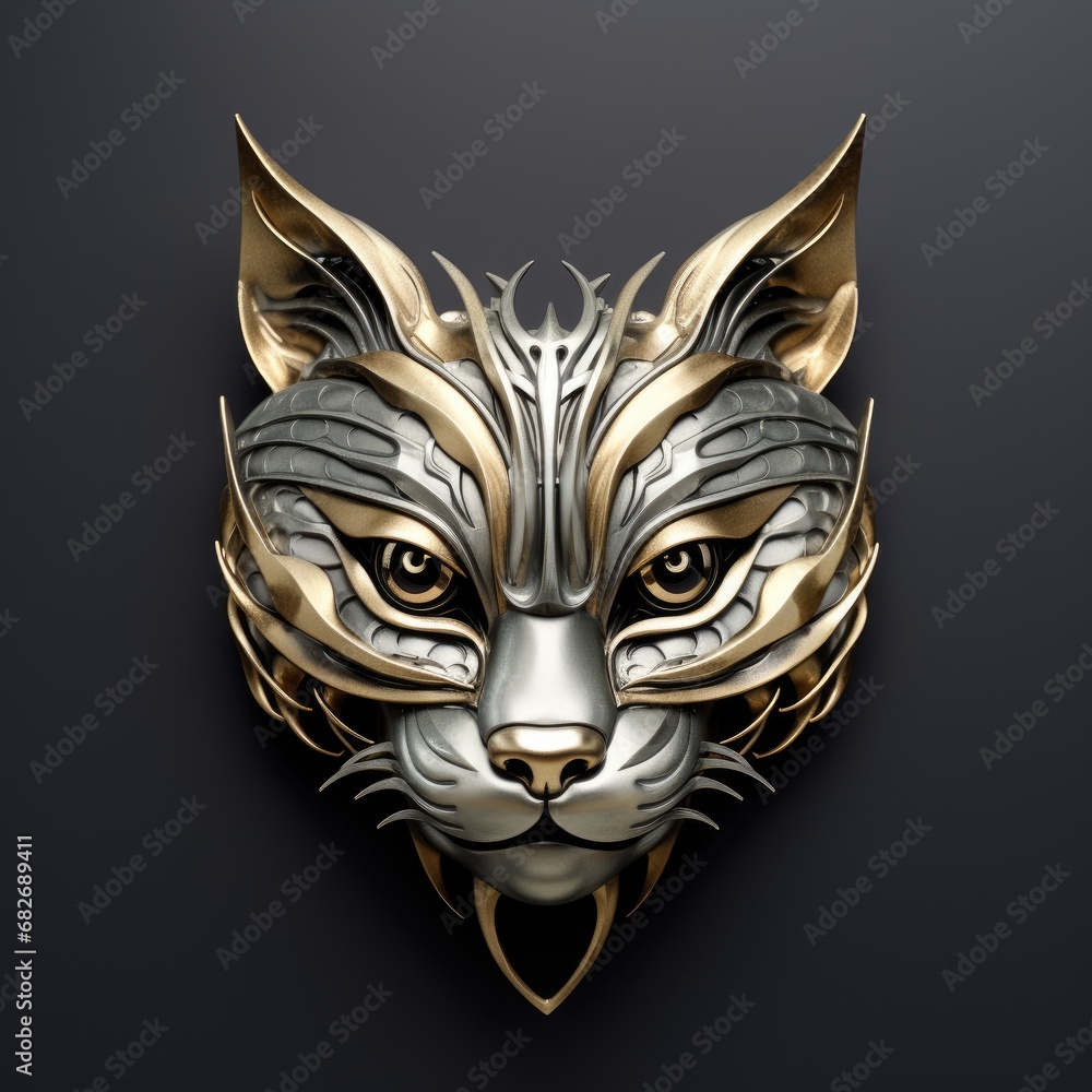 3d cat head made out of metal - centered closeup on grey background