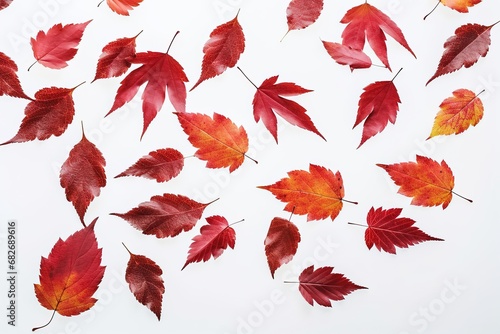 background white lay, flat view, Top background white lay, flat view, Top agonally placed leaves red bright composition Autumn