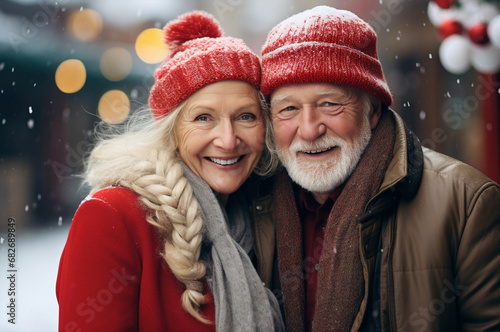Mr and Mrs Santa. A gray-haired adult couple walks at a fair. Portrait of elderly people