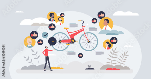 Live product broadcast and advertisement streaming tiny person concept. Social media campaign with influencer review in video vector illustration. Stream channel with online advertising content.