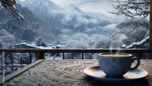 coffee with nature scenery in winter. seamless looping virtual video animation background. Generated with AI photo
