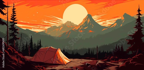Poster of a camp tent camping in the mountains at sunset . Travel adventure and nature concept © XC Stock