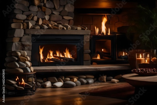 A cozy fireplace, with a crackling fire and a mantle adorned with smooth river stones