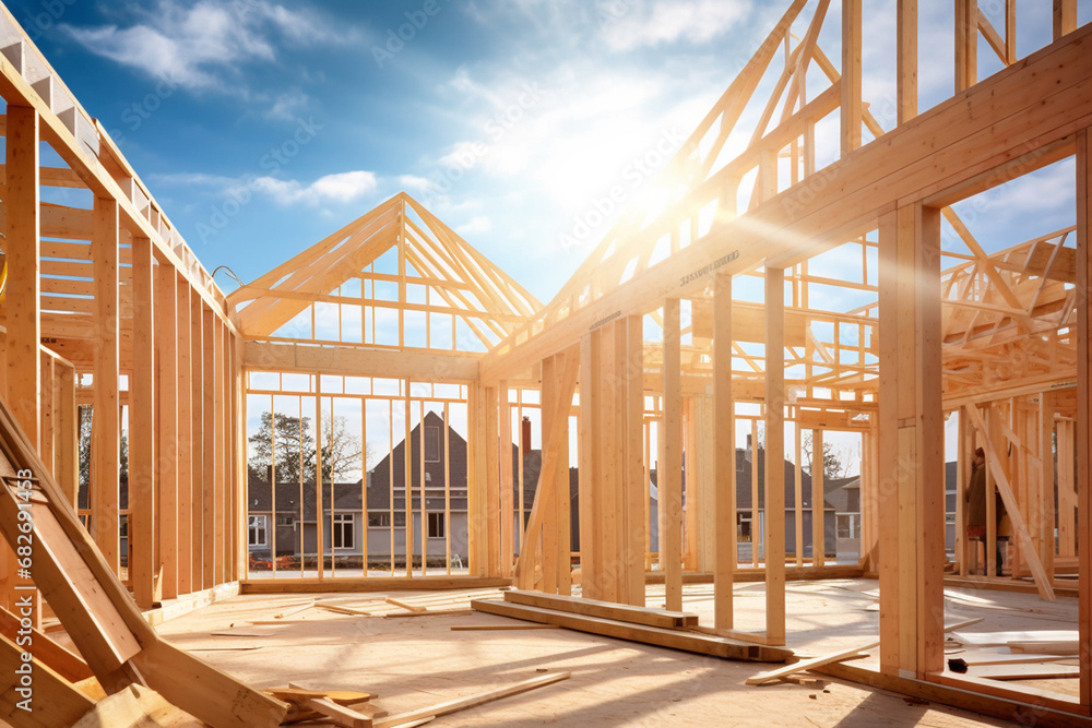 A view of a wooden frame construction of a new residential house real estate in a worksite on a cloud and clear sky shot in backlit way. Generative AI. A view of a wooden frame construction of a new residential house real estate in a worksite on a cloud and clear sky shot in backlit way. Generative AI.