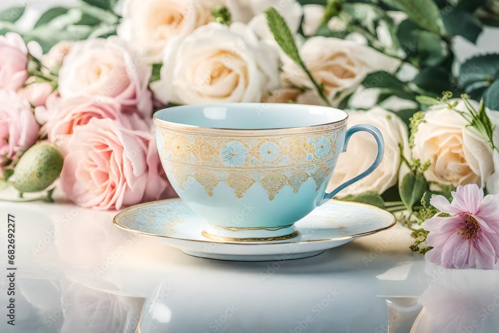 A delicate porcelain cup adorned with intricate floral patterns A delicate porcelain cup adorned with intricate floral patterns