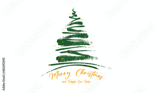  Christmas tree paint brush strokes.  Christmas and Happy New Year Greeting Card with grunge hand drawn Christmas Tree and merry christmas congratulation text isolated