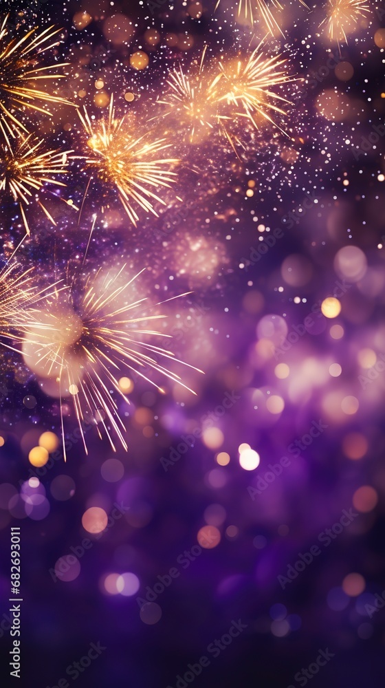 Fototapeta premium Purple and gold fireworks in the night sky, Abstract background.