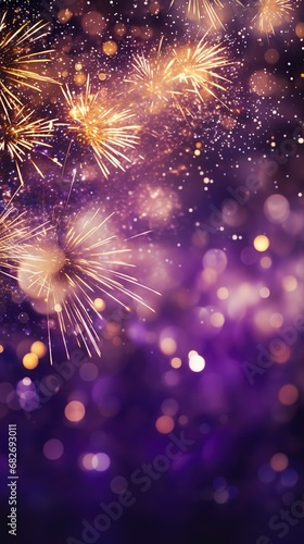Purple and gold fireworks in the night sky, Abstract background.