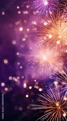 Purple and gold fireworks in the night sky  Abstract background.