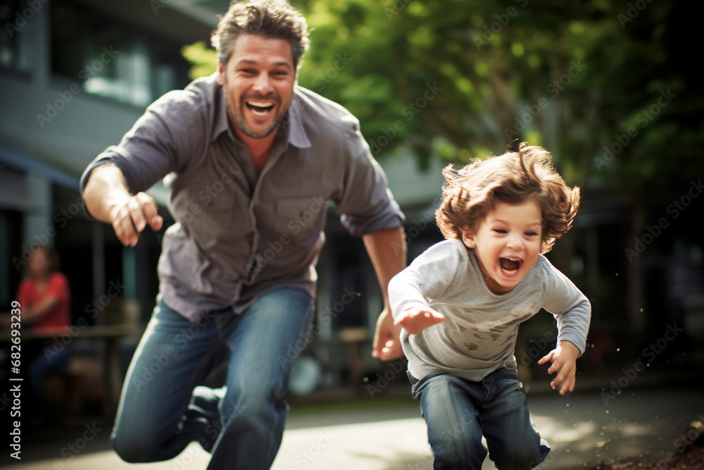 Father spend time with his child. Modern fatherhood and parenting activities concept. Father's Day Father spend time with his child. Modern fatherhood and parenting activities concept. Father's Day