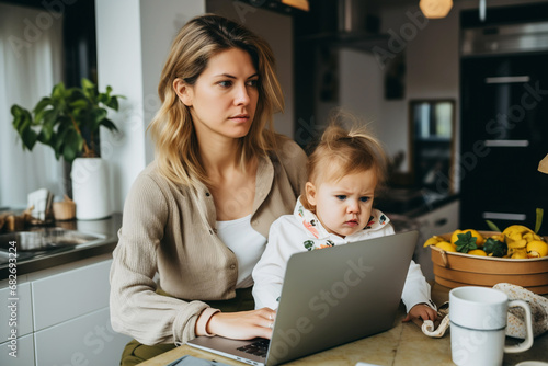 Tired stressed mother juggles between work at home on laptop and parenting. Young woman with child work at home office.