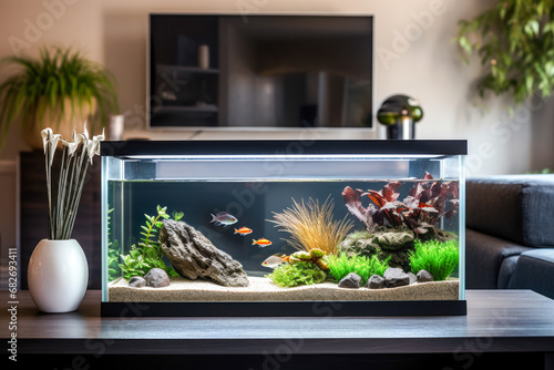 Modern living room with large, well-maintained aquarium full of tropical fish, natural light, and stylish interior design. photo