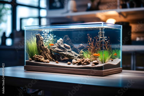 Modern living room with large, well-maintained aquarium full of tropical fish, natural light, and stylish interior design.