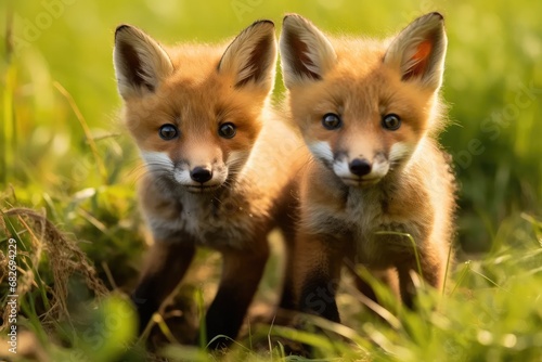 Two beautiful little fox cubs in a meadow.