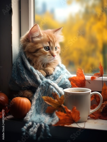 Very cute little kitten sitting on the window sill on the side of the room