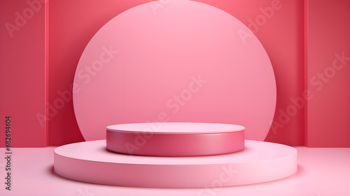Realistic pink double 3D cylinder pedestal with circle background on red wall. Minimal scene for product showcase, advertising display. Vector abstract studio number platform design. Valentine's Day