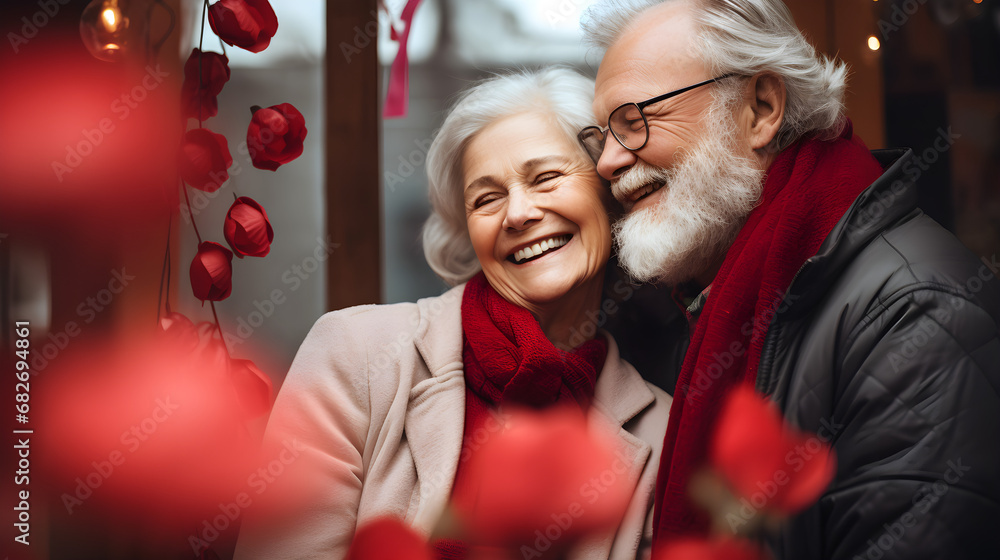 Valentine's Day. Happy elderly couple hugging on the background of red roses Valentine's Day. Happy elderly couple hugging on the background of red roses