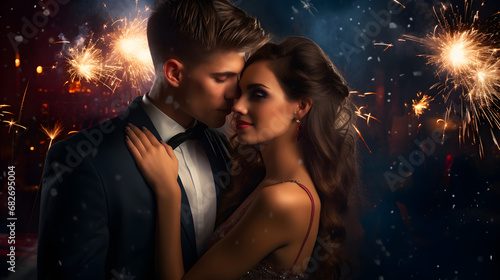 beautiful couple in love are hugging and kissing on the background of sparklers celebrating new year, valentine's day, holiday