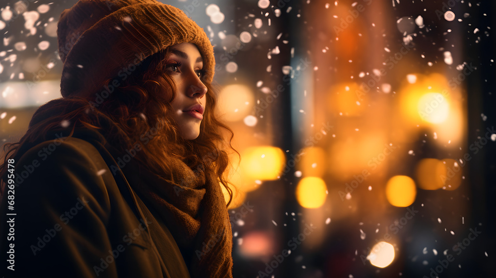 beautiful girl in a hat and scarf on a winter evening on a bokeh background beautiful girl in a hat and scarf on a winter evening on a bokeh background