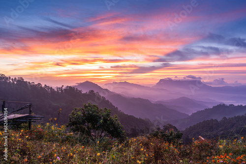 Scenery of Doi Luang Chiang Dao mountain range during sunrise at Hadubi camping viewpoint, Wiang Haeng district , Chiang Mai province, Thailand. Morning sunrise on the mountain