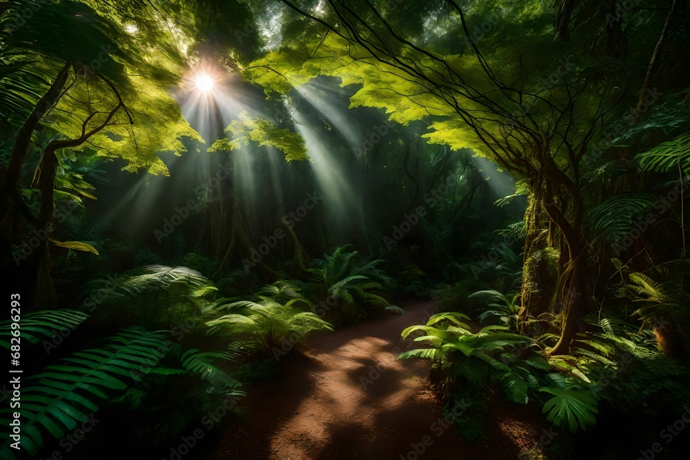 A dense jungle canopy with sunlight filtering through it