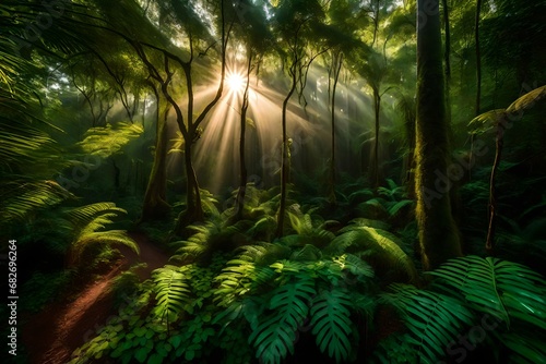 A dense jungle canopy with sunlight filtering through it