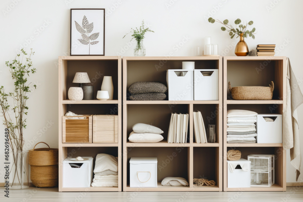 Organized closet with neatly arranged clothes and storage boxes in a modern home interior. Organized closet with neatly arranged clothes and storage boxes in a modern home interior.