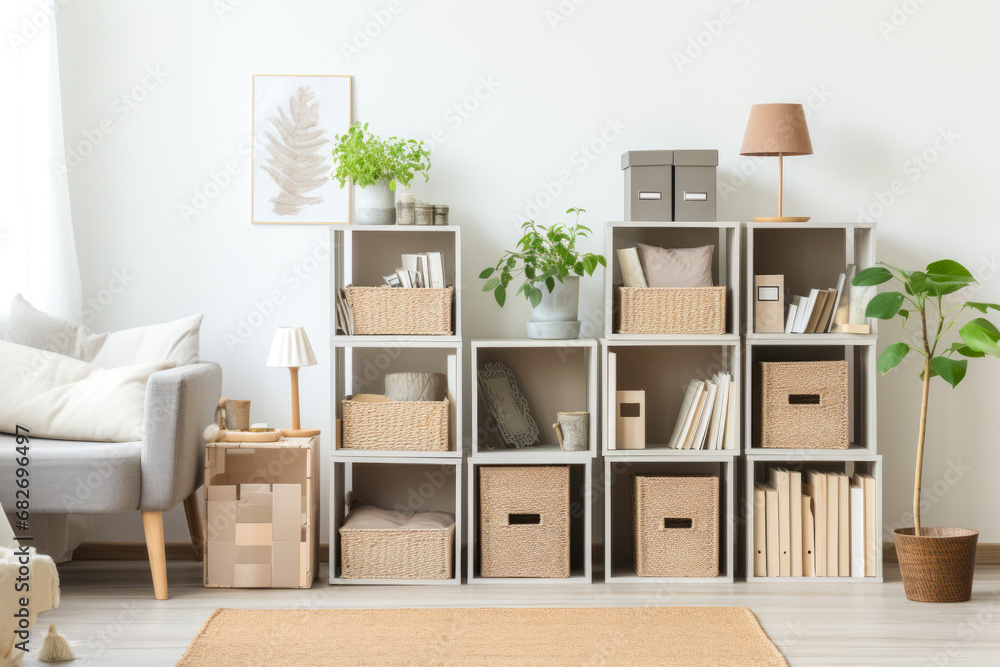 Organized wooden shelves with towels, plants, and various neatly arranged storage containers in a minimalist style. - obrazy, fototapety, plakaty 