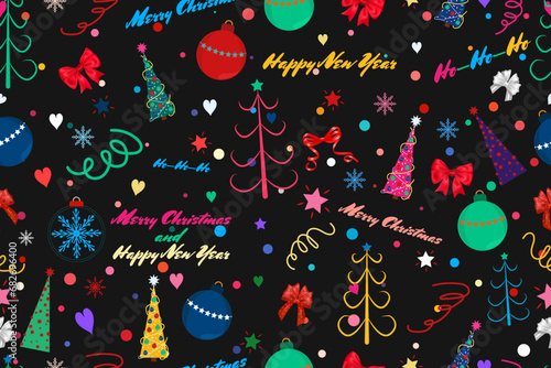 Seamless pattern, New Year holidays, Christmas, New Year, dark background, Christmas trees, Christmas balls, decoration, snowflakes, stars, hearts, bows, lettering, print, wrapping paper, wallpaper, t photo
