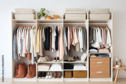 Organized closet with neatly arranged clothes and storage boxes in a modern home interior.